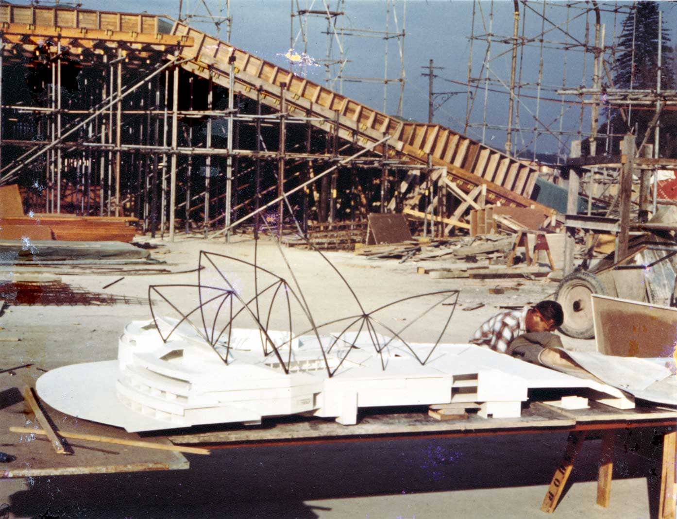 Sydney Opera House model onsite with sail frames installed